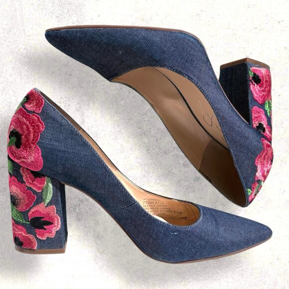 Jessica Simpson Boho Preppy Denim Floral Embroidered Chunky Heel Pumps size 7.5 - Picture 7 of 7